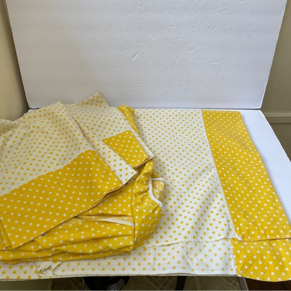 VINTAGE SEARS PERMA PREST‎ PERCALE FULL SIZE SHEET SET YELLOW & WHITE POLKA DOTS